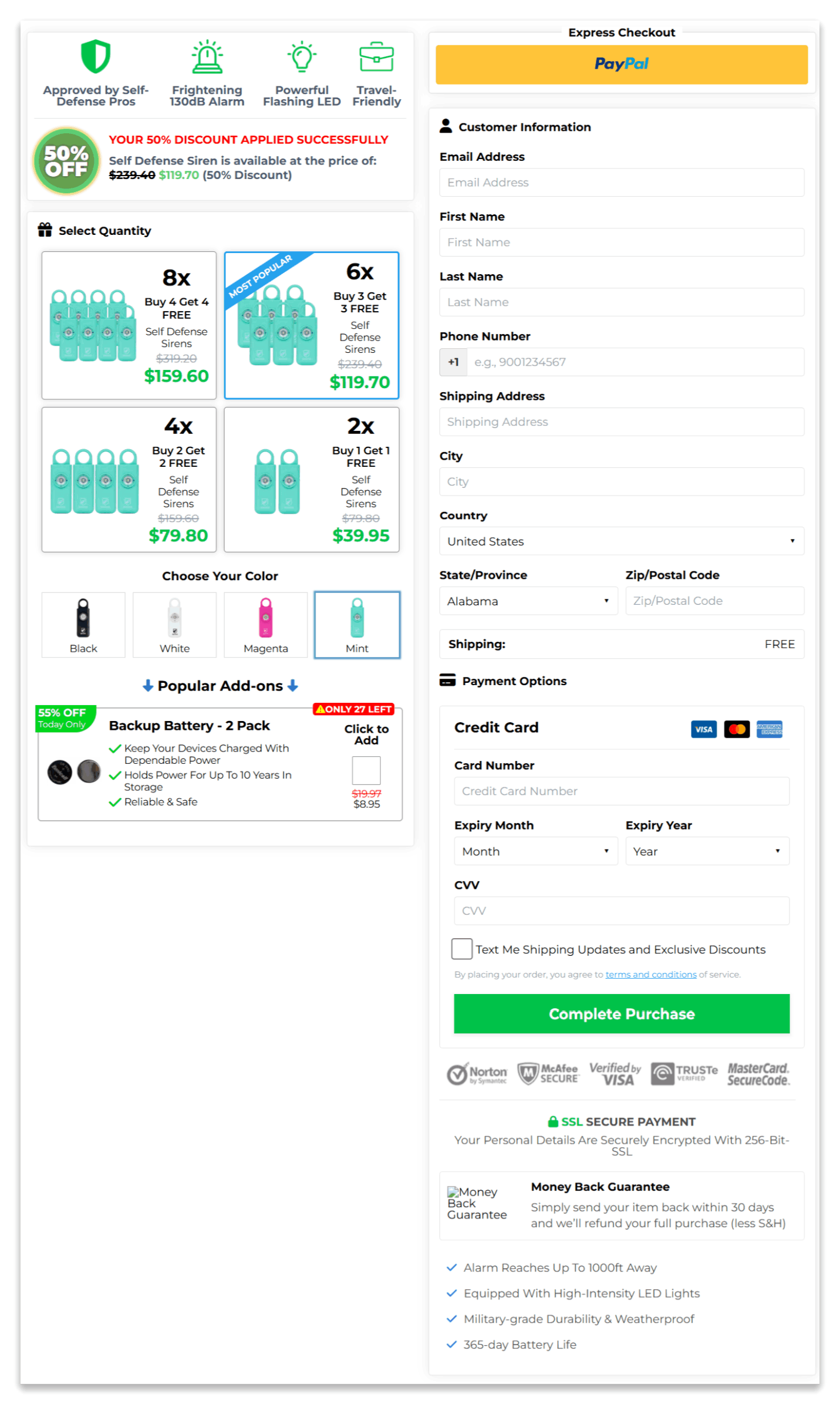 Defense Siren secure checkout page