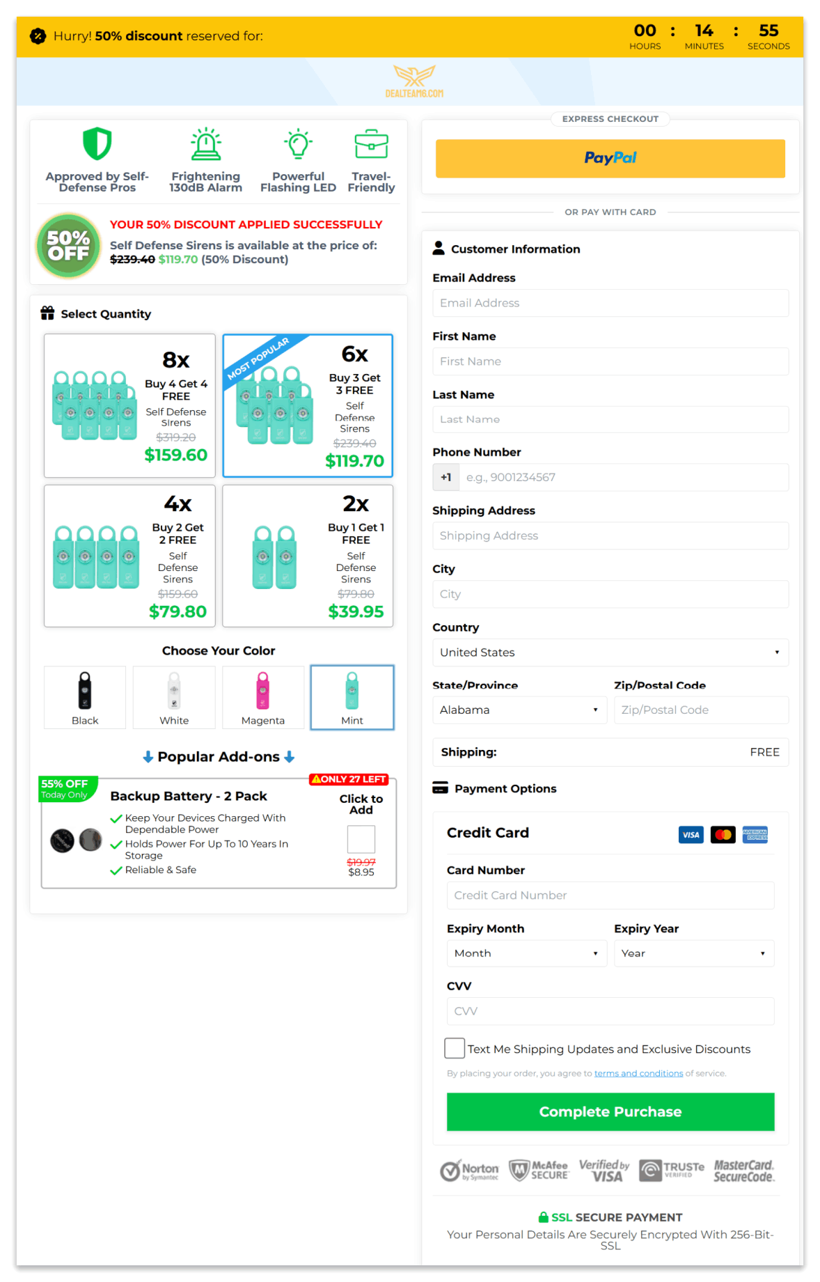 Defense Siren Secure Checkout Page